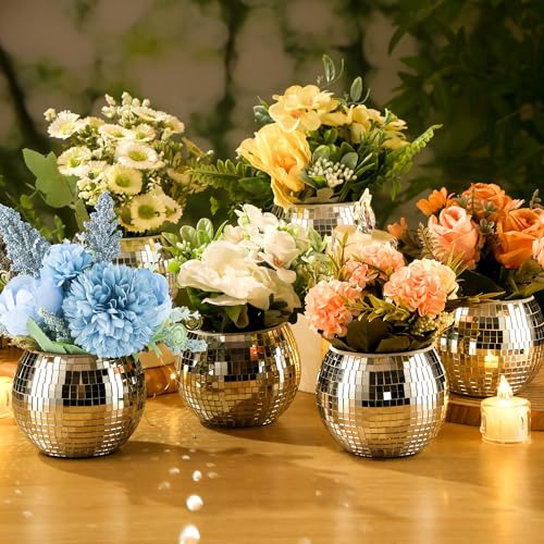 Image of 6 Pcs Disco Ball Vase Disco Ball Planter for Centerpieces Disco Ball Decor Flower Vase with Silver Mirror Glass for Wedding, Birthday, Party (4 inch X 4.7 inch)