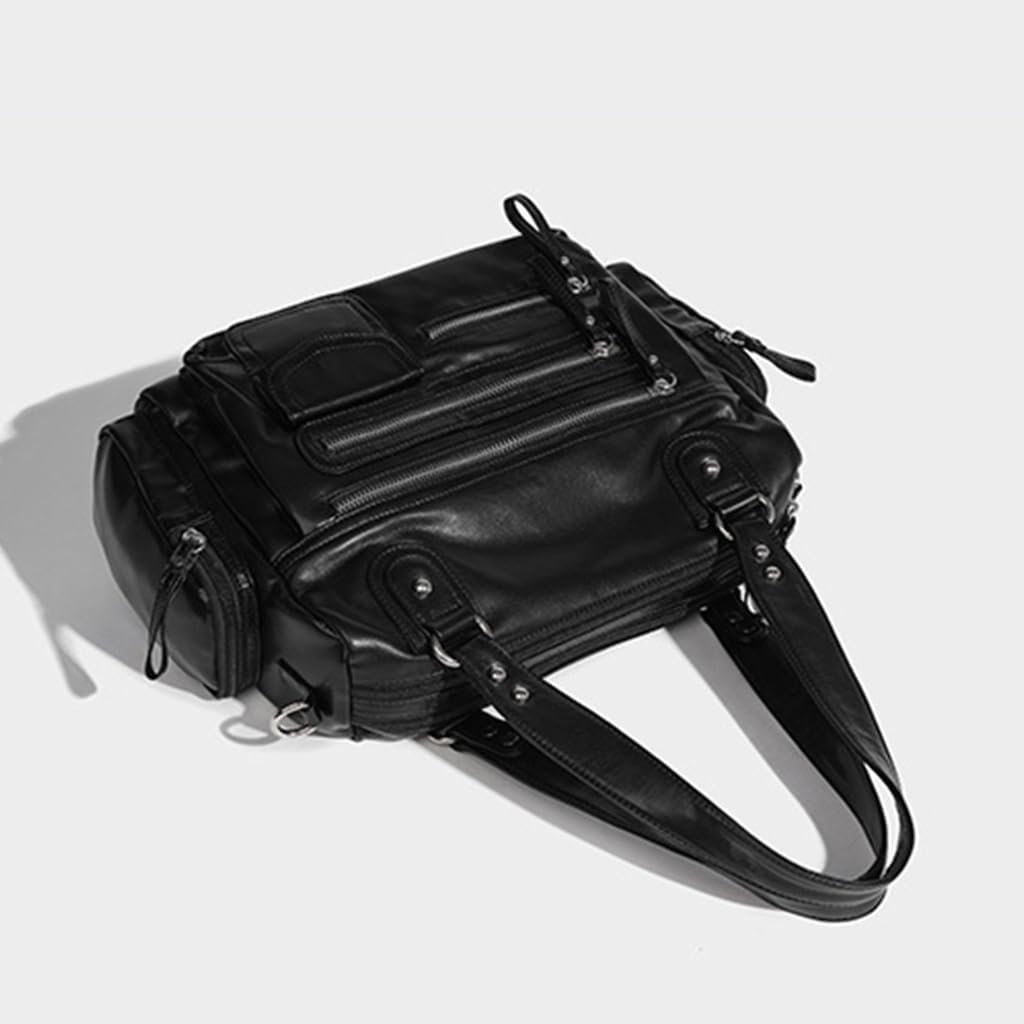 Fashionable Vintage Motorcycle Satchel Large Capacity PU Shoulder Bag Punk Zippered Crossbody Handbag Purse