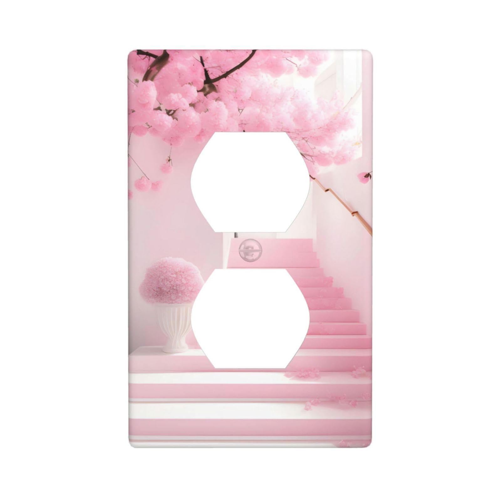 Pink Cherry Blossom Staircase Decorative Switch Plate Cover-Unbreakable Polycarbonate Wall Plate for Home Office, 1 Gang with Screws