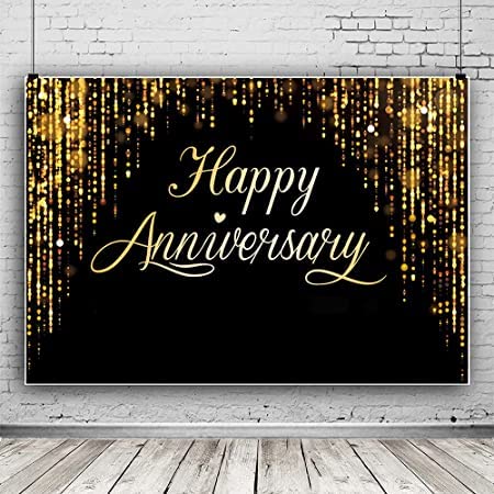 Image of Happy Anniversary Backdrop Party Decorations, Black Gold Glitter Bokeh Dots Wedding Anniversary Party Photo Background Cake Table Banner Extra Large Wall Decor Props 6 * 4ft Valentine's Day