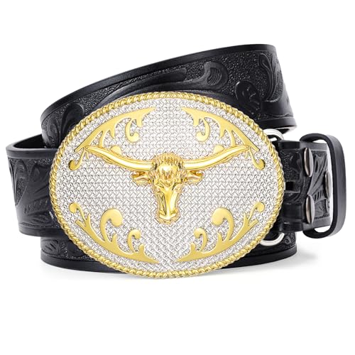 SANSTHS Cowboy Belts for Men Women, Western Leather Belt with