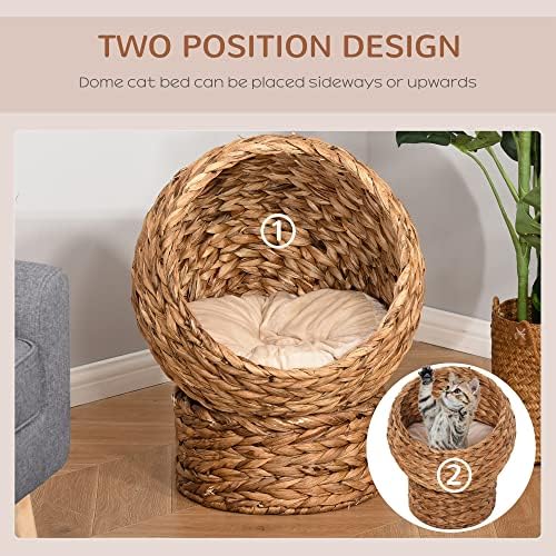 PawHut Woven Banana Leaf Elevated Cat Bed Wicker Kitten Basket Pet Den. House Cozy Cave with Soft Cushion Dome 42x33x52cm Brown