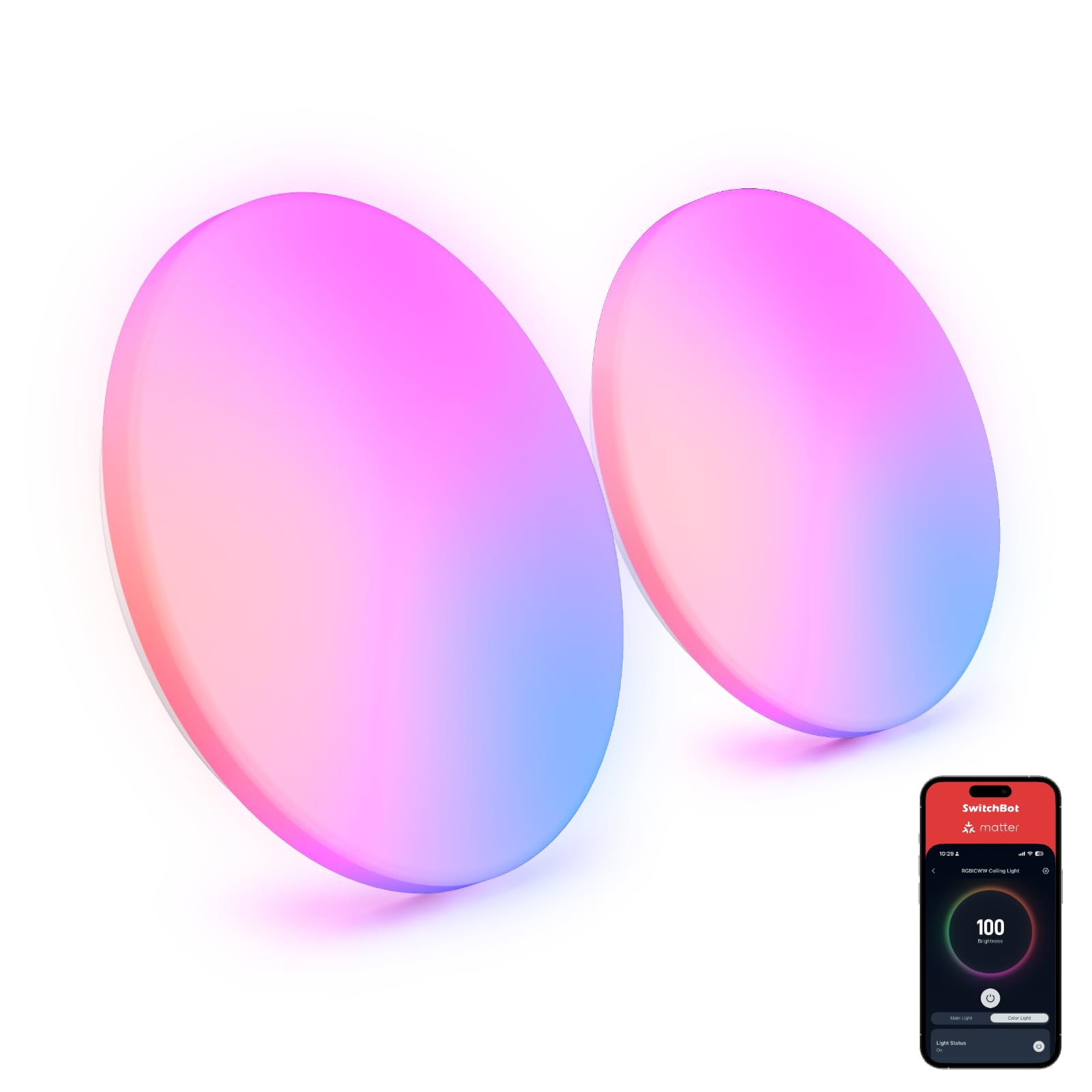 SwitchBot RGBICWW Deckenlampe 30cm, Matter Deckenleuchte 2000LM, 2er-Pack | 2700–6500K, 20W, Deckenlampe LED Kompatibel mit Alexa & Apple Home, CRI 90+, LED Deckenleuchte Dimmbar für Schlafzimmer