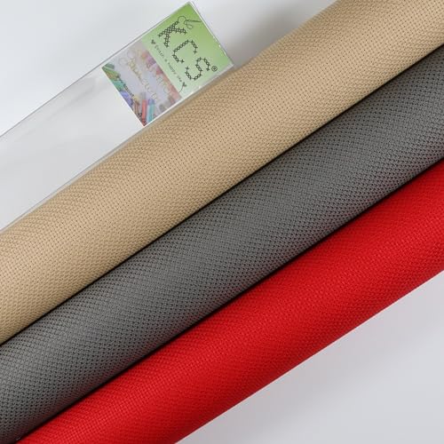 Image of KCS 3 pc of 15 inch x 18 inch(38cmx45cm) Counted Cross Stitch Cotton Aida Cloth Needlework Rolled Fabric Box,14CT,Red+Khaki+Dark Grey