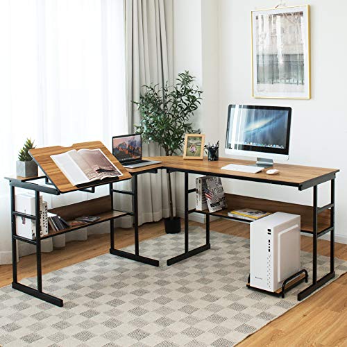 COSTWAY Escritorio Esquinero 170+150cm, Escritorio L con 2 Formas Divididas, Mesa de Dibujo Inclinable, Mesa Gaming L Grande con 2 Estantes Inferiores y Soporte, Oficina (Nogal)