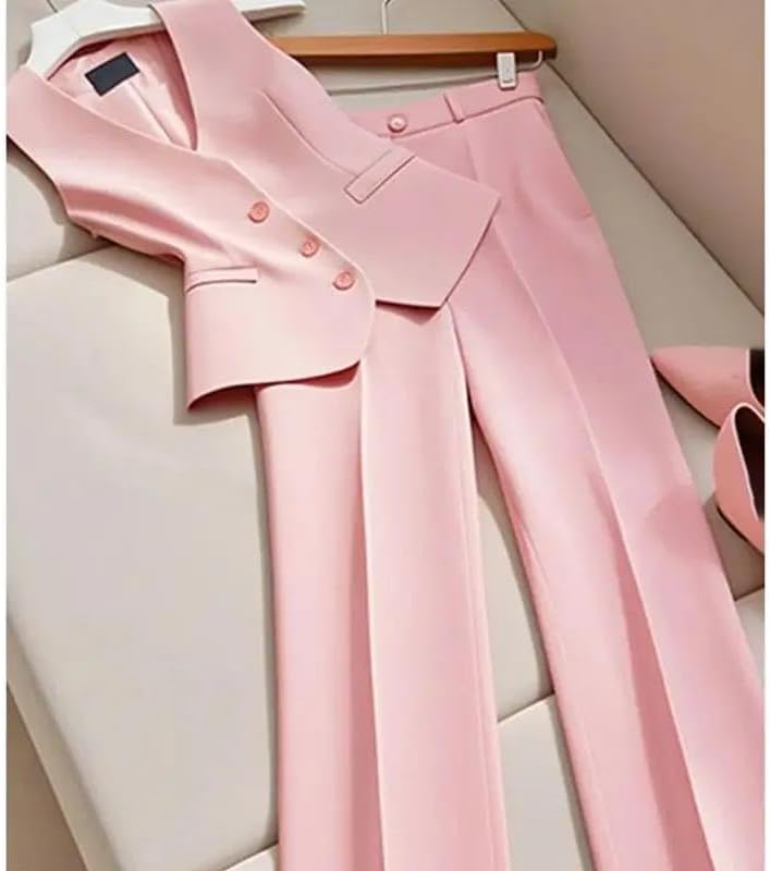 Womens Two Piece Blazer Vest and Pant Suit V Neck Single Breasted Waistcoat High Waist Wide Leg Trousers Formal Outfit