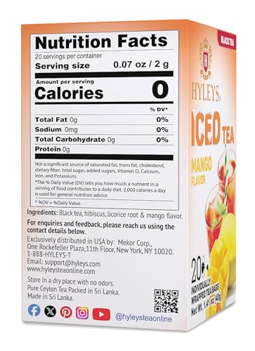 Hyleys Iced Black Tea Mango Flavor - 20 Tea Bags