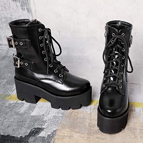 Image of Parisuit Womens Goth Patent Ankle Boots Platform Chunky Combat Boots | Lace Up, Gothic Boots, High Heel, Punk Short Booties, Buckle Boots, Chain Boots
