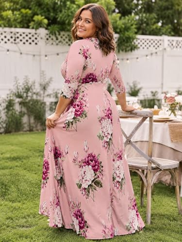 Image of PinkPatty Women's Plus Size Maxi Dresses Casual Flowy 3 /4 Sleeves Dress Printed Vacation Dress for Daily Wear with Belt