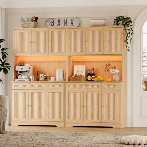 Image of BORNOON Pantry Cabinet with Charging Station and Light, Tall Kitchen Pantry Storage Cabinet with Microwave Stand, Wide Fluted Kitchen Hutch with Storage Drawers and Adjustable Shelves for Dining Room