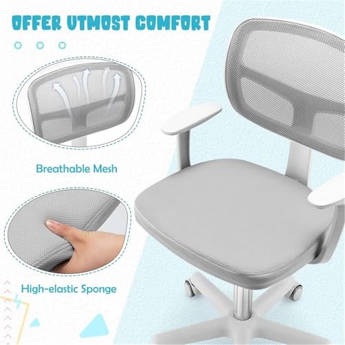 Image of Pemberly Row Kids Study Chair, Adjustable Height 31.5 inch-36 inch, Mesh Back, Padded Armrests, Auto Brake Casters, Y-Shaped Lumbar Support, Swivel Seat, Gray Upholstery, Comfortable Chair for Children