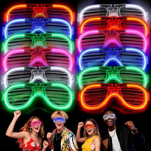 SCIONE Pacote de 12 óculos de festa, brinquedos luminosos com várias cores e 3 modos de luz, suprimentos para festas fluorescentes, barras luminosas para aniversários, Natal, Halloween