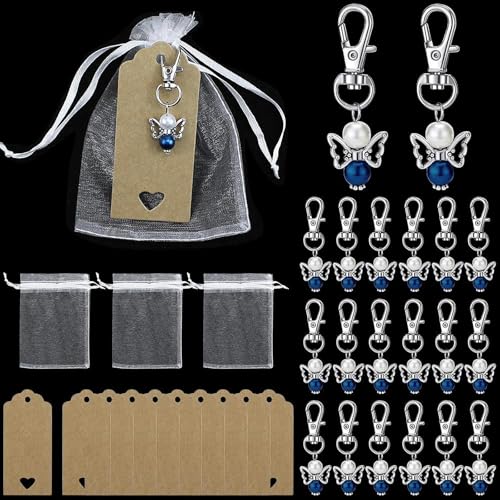 UBERMing 20 Pendentifs de Baptême de Mariage Porte-clés Ange en Perles avec Papier Kraft Étiquettes+Pochette en Organza Cadeau de Confirmation de Communion de Noël...