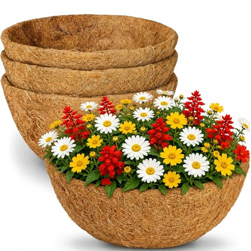 HFHOME 4 Pack 16 Inch Coco Liners for Planters Natural Coconut Liners for Hanging Baskets Round Coconut Fiber Liner Replacement for Flowers Vegetables Outdoor Planters Patio Porch Balcony