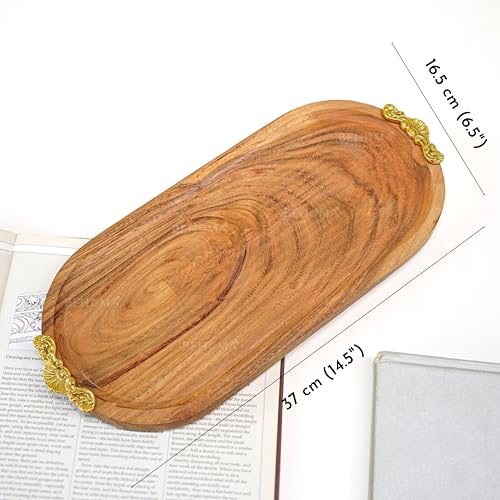 Image of Behoma Mango Wood Oval Serving Platter with Golden Brass Motif | Elegant Wooden Tray for Home Decor | Durga Puja Navratri Festive Serveware for Sweets, Cookies & Dry Fruits | Size - 37 cm (14.5 inch)