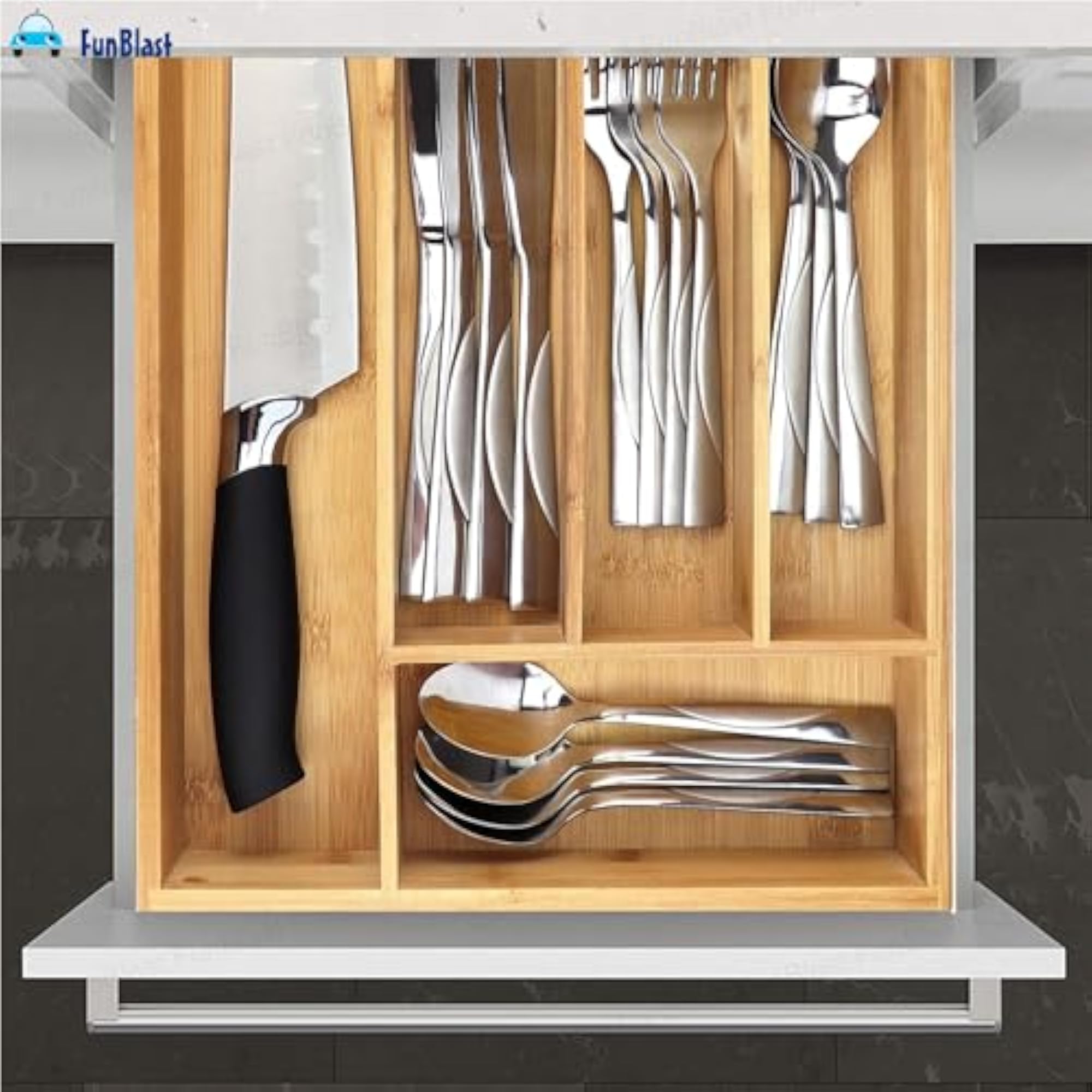 Bamboo Cutlery Tray for Kitchen Drawer, Eco-Friendly Organizer