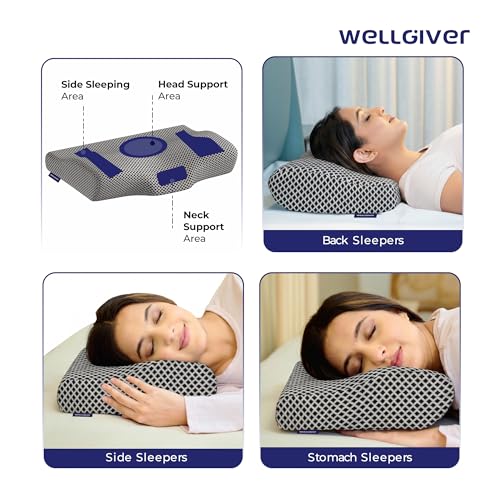 Image of WELLGIVER Cervical Memory Foam Pillow for Neck Pain | 2 Year Warranty | 19 x 11 x 4 Inch Standard | Orthopedic Pillow Spondylitis NecK Shoulder Pain | Washable Jacquard Midnight Blue Cover | Pack of 1