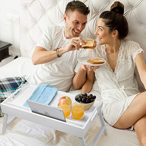 Breakfast Bed Tray Table with Handles Folding Legs Bamboo Bed Tray with Media Slot,Foldable Platter Tray, Laptop Desk,Snack,TV Bed Tray Kitchen Serving Platters Tray (White)