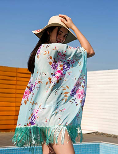 Women's Floral Kimono Cover Up - Lightweight Leopard Chiffon Beachwear for Bikini,Cardigan and Swimwear(One Size,Light Blue)