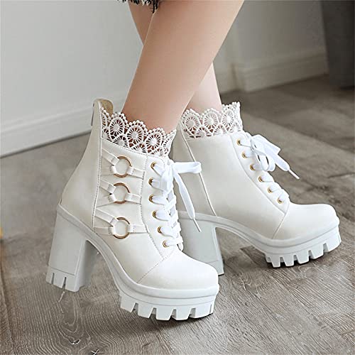 Pbnbp Womens Chunky Platform Combat Boots High Block Heel Round Toe Lace Up Ankle Boots Fall Lug Sole Lace Trim Booties Fashion Closed Toe Shoes Botas Para Mujer White thumb #1
