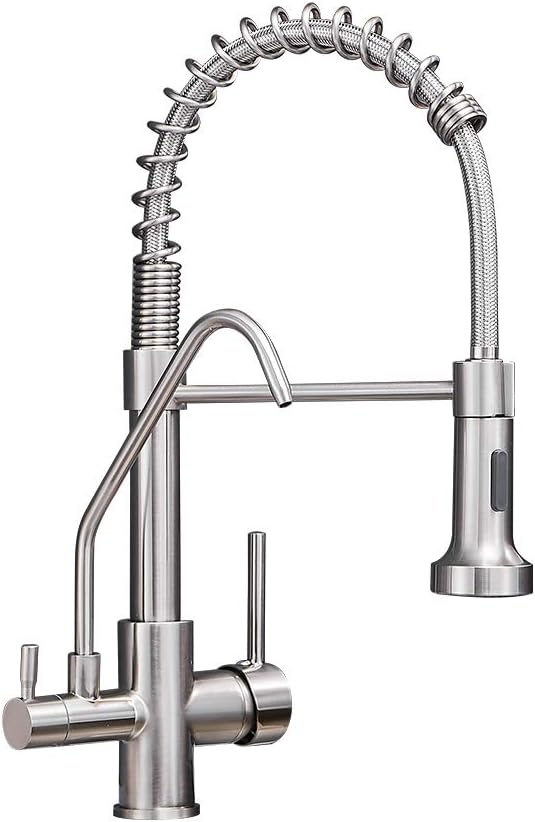 OWOFAN Commercial 3 in 1 Spring Kitchen Faucet, Dual Handle Water Filter Purifier Faucets, RO Drink Water Kitchen Sink Faucets, Brass Brushed Nickel 0192SN