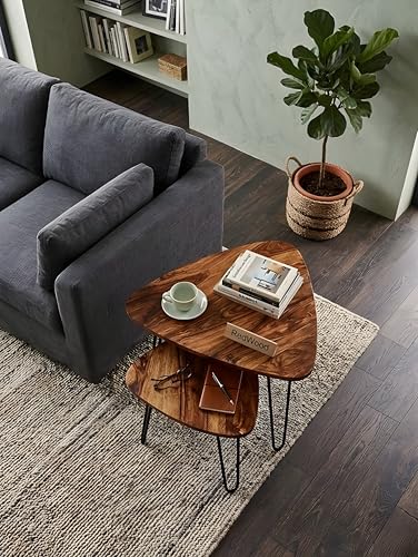 Image of REDWOOD Modern Nesting Coffee Table Set of 2 | Wooden Top Center Tables with Metal Hairpin Legs | Space Saving Living Room Furniture | Stylish Side & Accent Tables for Home Decor | Brown