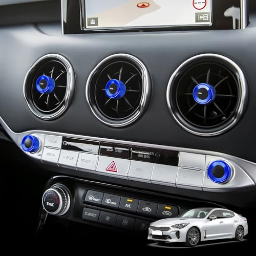 JUIVEEL Aluminum Car Radio Audio Volume Adjustment Knob Cover Dashboard Dash Air Conditioner Vent Knob Cover Compatible with Kia Stinger 2018-2023 Accessories (Blue 5 PCS)
