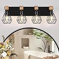 FadimiKoo 4-Light Farmhouse Bathroom Light Fixtures Over Mirror, Rustic Wood Vanity Light with Black Metal Cage Lampshade, Rustic Sconces Wall Lighting for Living Room, Bedroom, Hallway