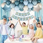 Blue Birthday Decorations for Men with Sand White Light Slate Dusty Blue Balloons Happy Birthday Banner Light Blue Fringe Curtains for Birthday Party Decorations - Image 4