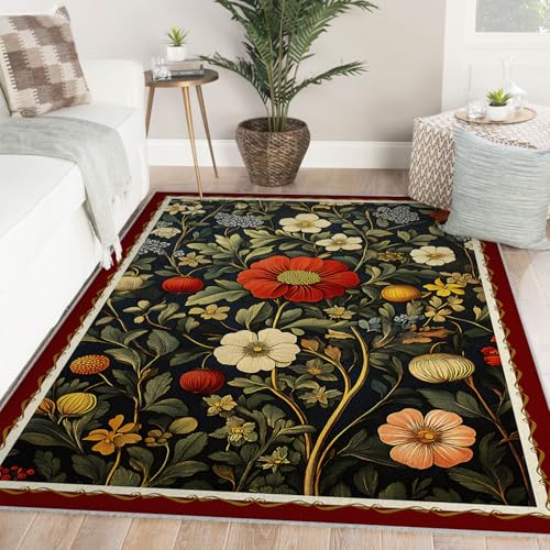 Tapis vert foncé 140x200 fleuri lavable et antidérapant pour salon