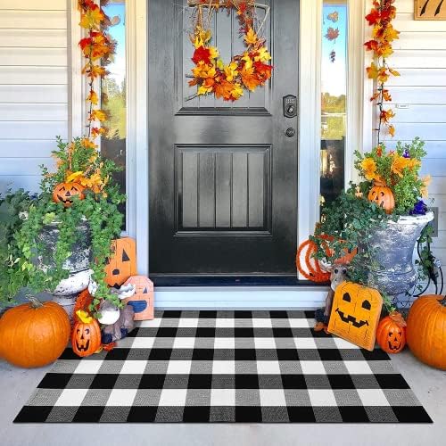KILOCOCO Buffalo Plaid Checkered Rug - 3'x5' Front Door Mat Outdoor,Black and White Rugs Cotton Washable Front Porch Rug Layered Doormats for Patio Farmhouse Entryway Kitchen Foyer