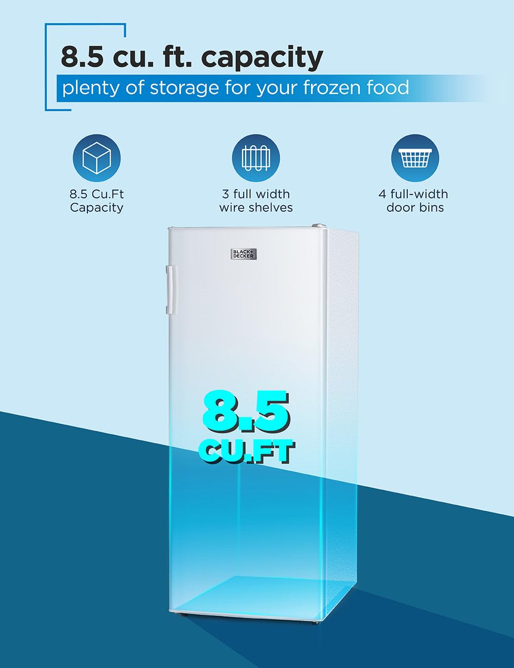 BLACK+DECKER 8.5 Cu. Ft. Upright Freezer, Stand Up Freezer with Mechanical Temperature Control, Freezer Upright with 3 Shelves and 4 Door Bins, Manual Defrost, R600a Refrigerant, BUF850LW, White on Fridge.com