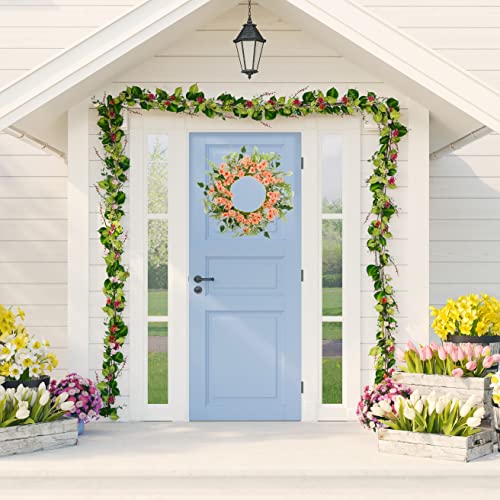 20" Artificial Spring Summer Wreath With Pink Cherry Blossoms Flower,Eucalyptus Leaves,Scindapsus Aureus Leaf For Front Door Indoor Outdoor Farmhouse Home Window Wedding Decor, White Gift Box Included #TOP1