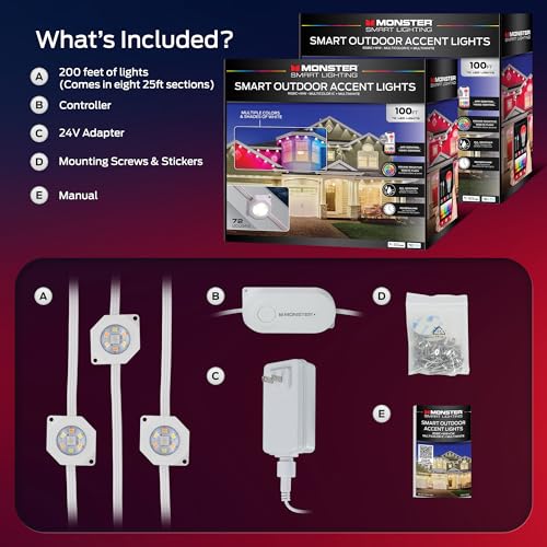 Image of Monster Smart Permanent Outdoor Lights, 200ft, 144 LED Eaves Lights, RGB+IC+WW, Weather & Water Resistant, App & Voice Control, Compatible with Alexa and Google, for Patios, Gardens & Year-Round Use