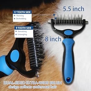 Pet Grooming Brush, 2 Sided Undercoat Rake for Dogs & Cats，Shedding Brush for Long matted Haired Pets, Effective Dematting Mats&Tangles Removing (Blue)