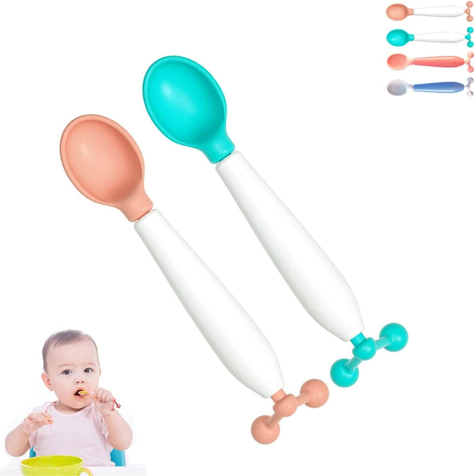 Toddler Feeding Training Spoons 2-Pack, 360 Rotatable, Temperature-Sensitive, Color-Changing, Silicone