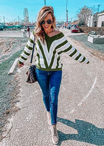 PRETTYGARDEN Sweaters for Women 2025 Long Sleeve Striped Knitted V Neck Pullover Jumper Tops Fall Outfits Fashion Clothing