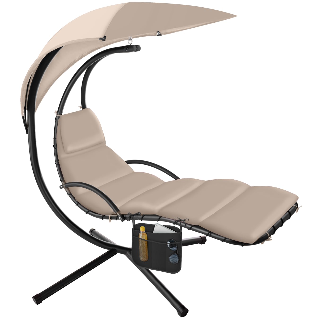 tectake® Hanging Garden Chair with UV-Protected Sun Canopy, Headrest & Steel Frame, Padded Garden Swing with Non-Slip Caps & Pocket - Ergonomic Hammock with Stand for Patio, Garden & Balcony - Beige