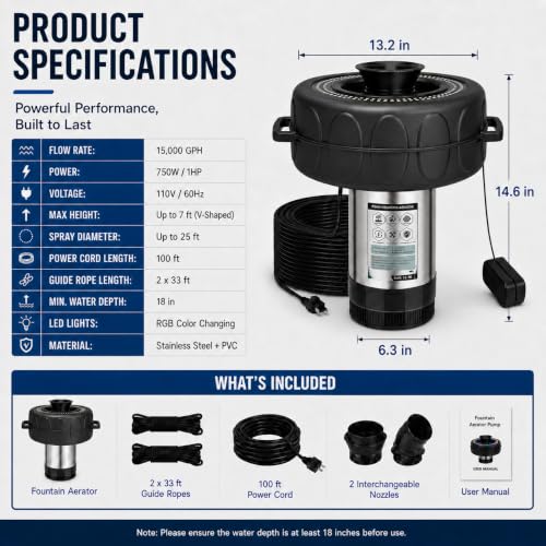 Image of Pond Fountain Aerator with Lights RGB Light 1HP 750W 110V Fountain | Fully Automatic change color, Stainless Steel Fountain Pump with 100 FT Power Cord, Pond Fountains for Small Large Pond Lake