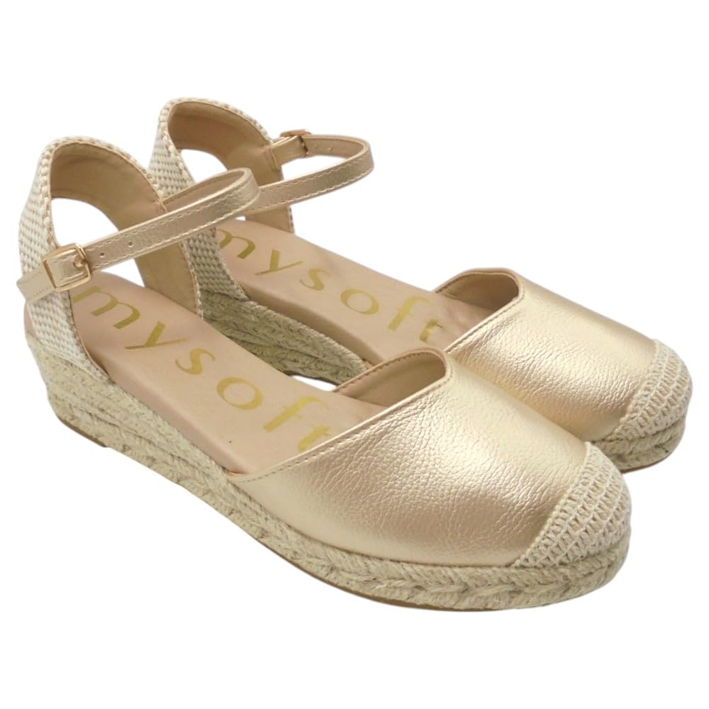 mysoft - 25M102 Alpargatas de Mujer Platino con Cuña 4 cm, Plataforma 2 cm, Cierre de Hebilla, Planta de Gel Acolchada y Puntos de Relajación para: Mujer