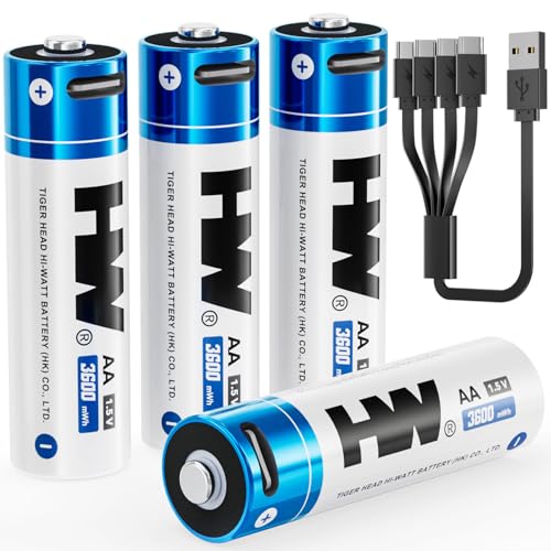 HW Rechargeable AA Lithium Batteries 4-Pack, 1.5V, USB C