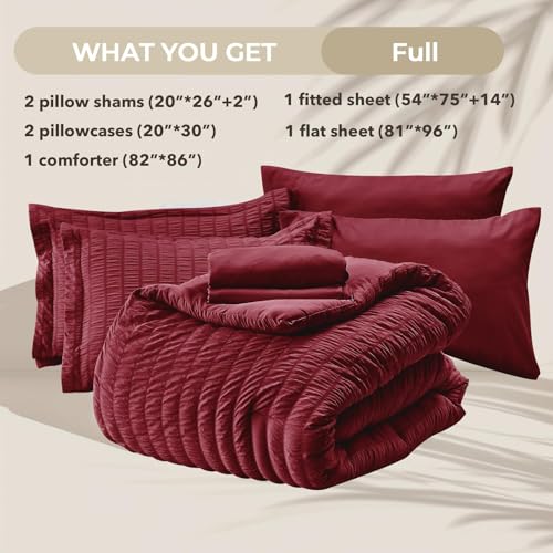 Image of HYMOKEGE Burgundy Full Size Comforter Sets Seersucker 7 Pieces, All Season Luxury Bed in a Bag for Bedroom, Bedding Set with Comforters, Sheets, Pillowcases & Shams