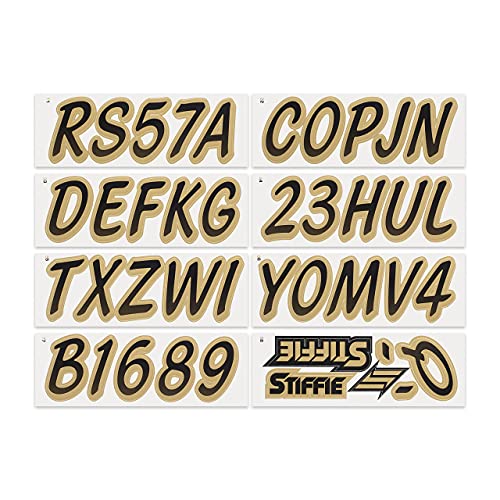 Image of STIFFIE Whipline Black /Metallic Gold 3 inch Boat & PWC Registration Decals • Numbers Letters Stickers