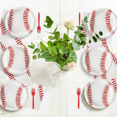 Image of gisgfim 24 Pcs Baseball Party Paper Plates Supplies 7 inch Baseball Birthday Party Disposable Dessert Plates Decorations Favors For Baseball Fans Boys Baby Shower