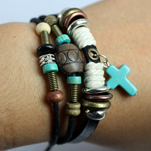 More Fun Turquoise Cross Pendant Black Handmade Leather Wrap Bracelet, Adjustable #TOP2
