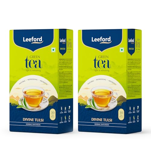 Image of Leeford Divine Tulsi Green Tea for Weight Loss - with Antioxidants and Nutrients | Pack of 2 (30 Bags Each) | Stress Relieving, Uplifts Mood, Rich in Antioxidants | Green Tea for Weight Loss