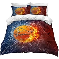 Juego de Funda nórdica 3D Baloncesto Llamas Impresión Ropa de Cama Niños Chico Chica Rojo Negro Funda de edredón y Funda de Almohada Poliéster Suave Transpirable (Estilo 1, 150x220 cm - Cama 90 cm)