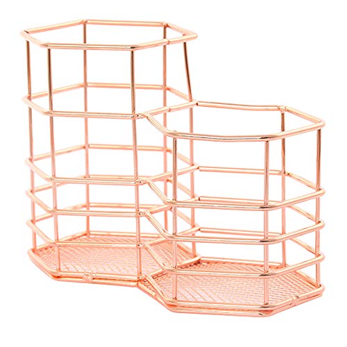 Cupcinu Penholder Pencil Case Double Hexagonal Rose Gold Storage Basket Iron Art Storage Basket Cosmetics Sundry Goods Basket for Office Supplies Friends Gifts Size 14cm8cm11cm (Rose Gold)