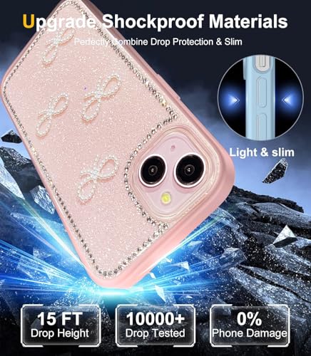 Image of DIZORO Compatible for iPhone 13 / iPhone 14 Cover 6.1, Luxury Diamond Cute with Bow Glitter Bling Case with Full Camera Protection PC+TPU Glossy Shiny Back Cover Case for Girls Women (Pink)