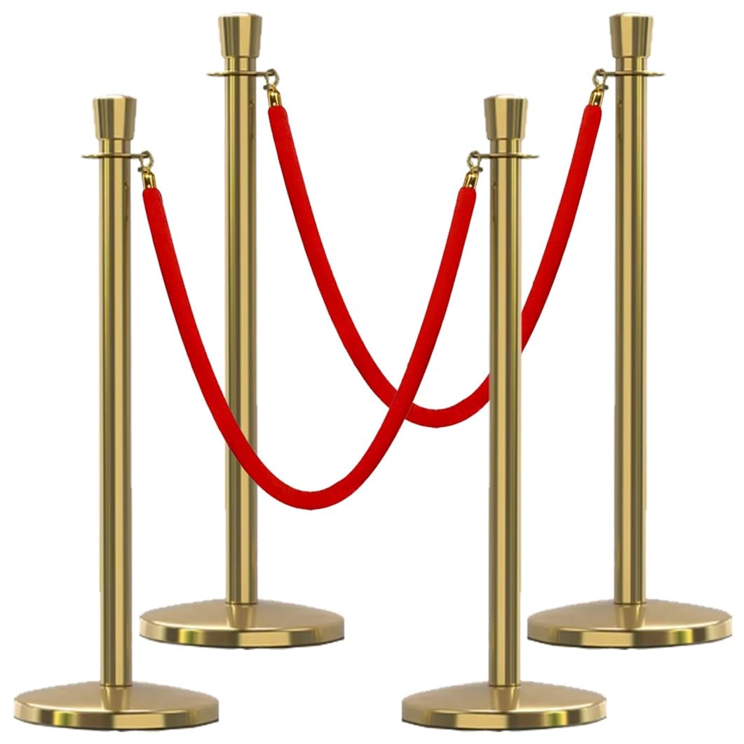 Aioneer Stainless Steel Stanchion Post With Velvet Ropes, Crowd Control Barriers For Events, Safety Barriers For Theaters, Museums, And Weddings-Gold-4 Pack